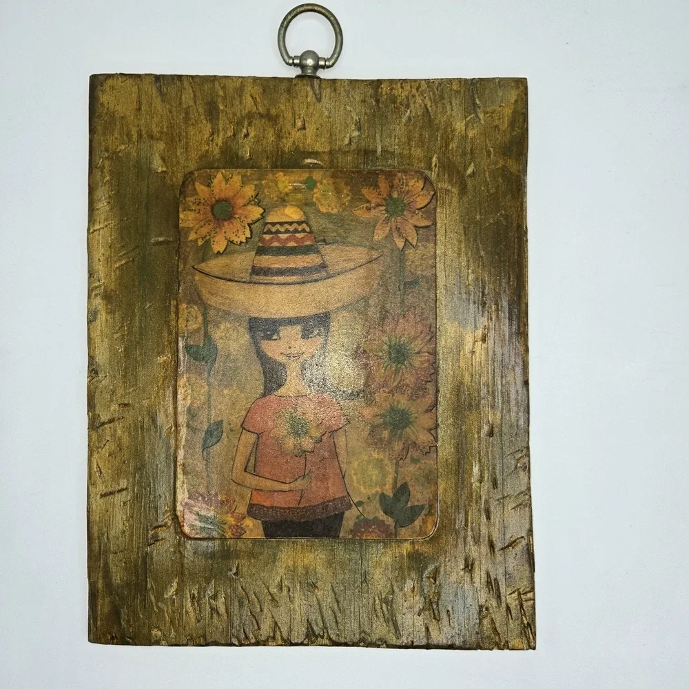 Vintage Big Eye Girl Wood Plaque‎ 1970s MCM Wall Art Sunflower Sombrero Kitsch